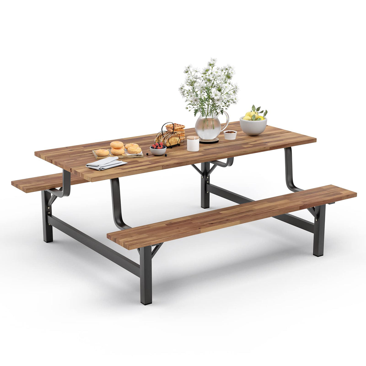Giantex Picnic Table Bench Set For 6 Or 4 Persons, 6Ft Large Camping Table, Acacia Wood Outdoor Dining Table Set With 2” Umbrella Hole, 800 Lbs Capacity, For Patio Lawn Garden (Rustic Brown)