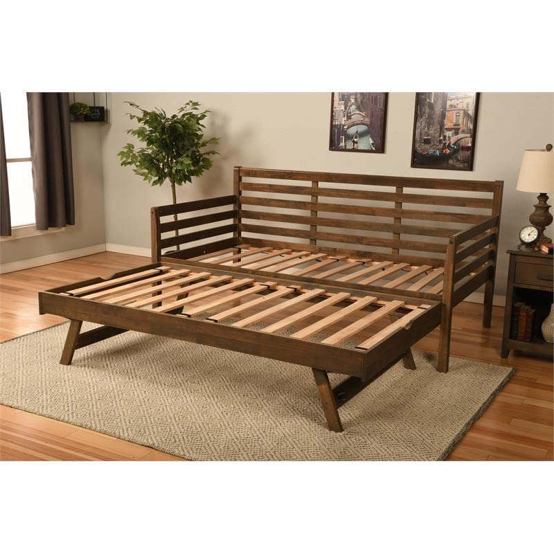 Kodiak Furniture Twin to King Size Daybed with Pop Up Trundle in Wood in Rustic Walnut, No Box Spring Needed, Easy Assembly, Up to 500 lbs Weight Capacity