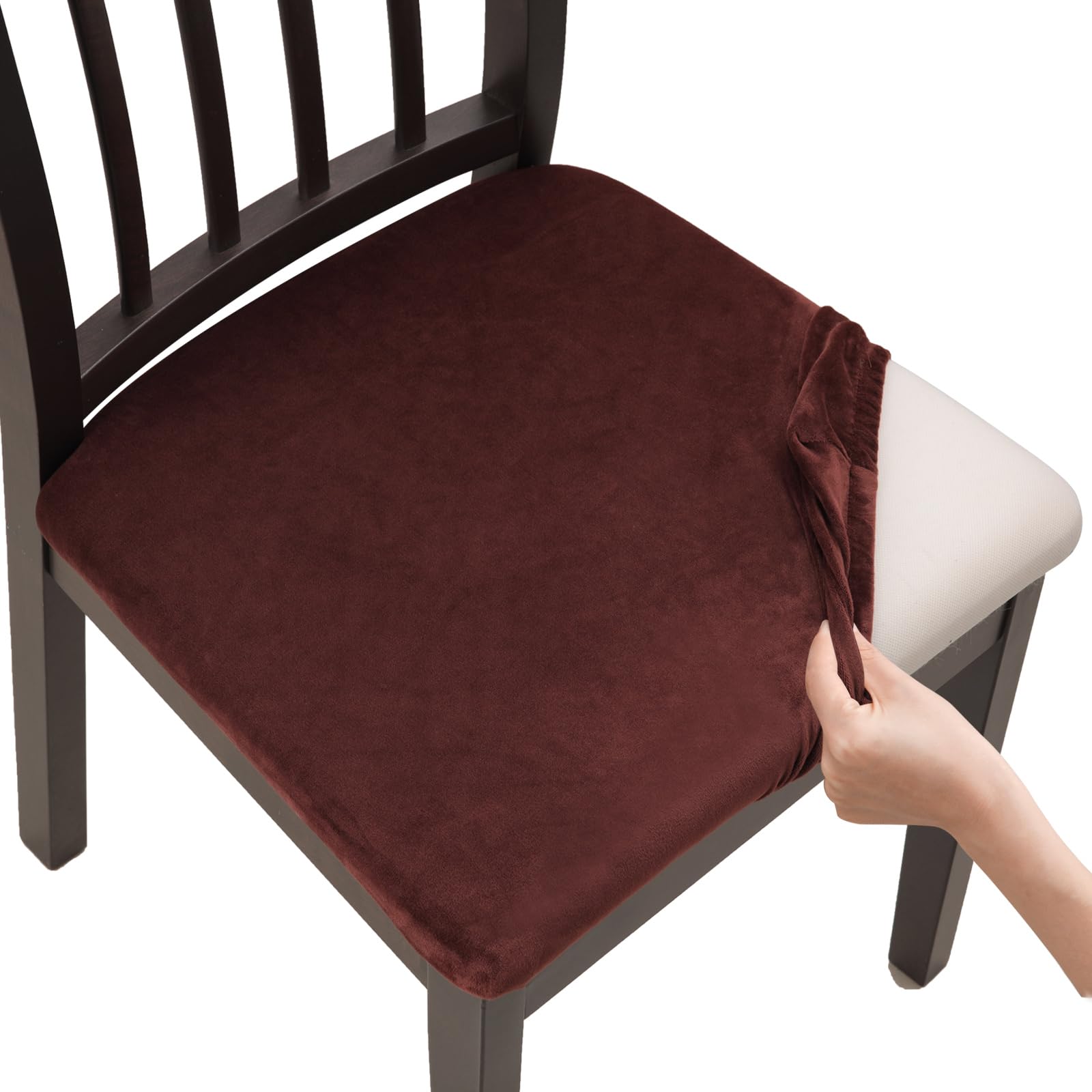 Fuloon Stretch Dining Chair Covers, Velvet Chair Seat Covers Washable Seat Cushion Slipcover Chair Cover Dining Room For Hotel, Ceremony, Banquet Wedding Party (Velvet Chocolate, 4)