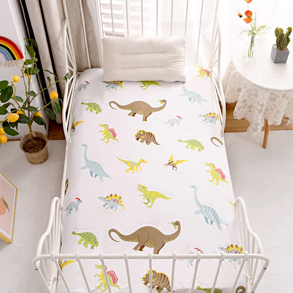 Naturety Bedding Fitted Sheet With Deep Pocket,Dino Printed Fabric Bed Sheets,Soft Dino Pattern Sheets For Kids Twin Size Bed (W