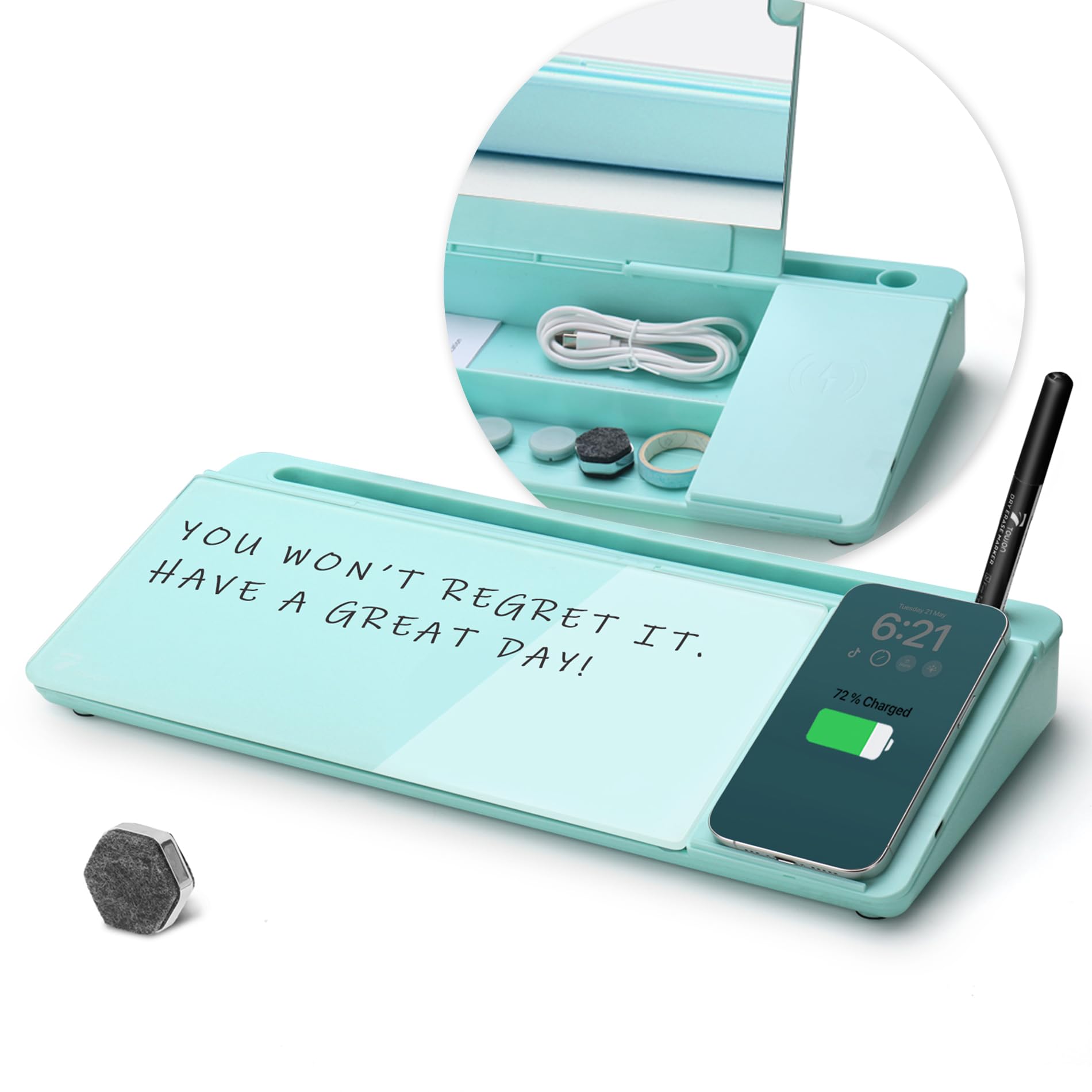 Towon Desktop Glass Whiteboard With Charger Pad, Whiteboard For Desk With Charging Station, Desk Buddy Dry Erase With Charger Fo
