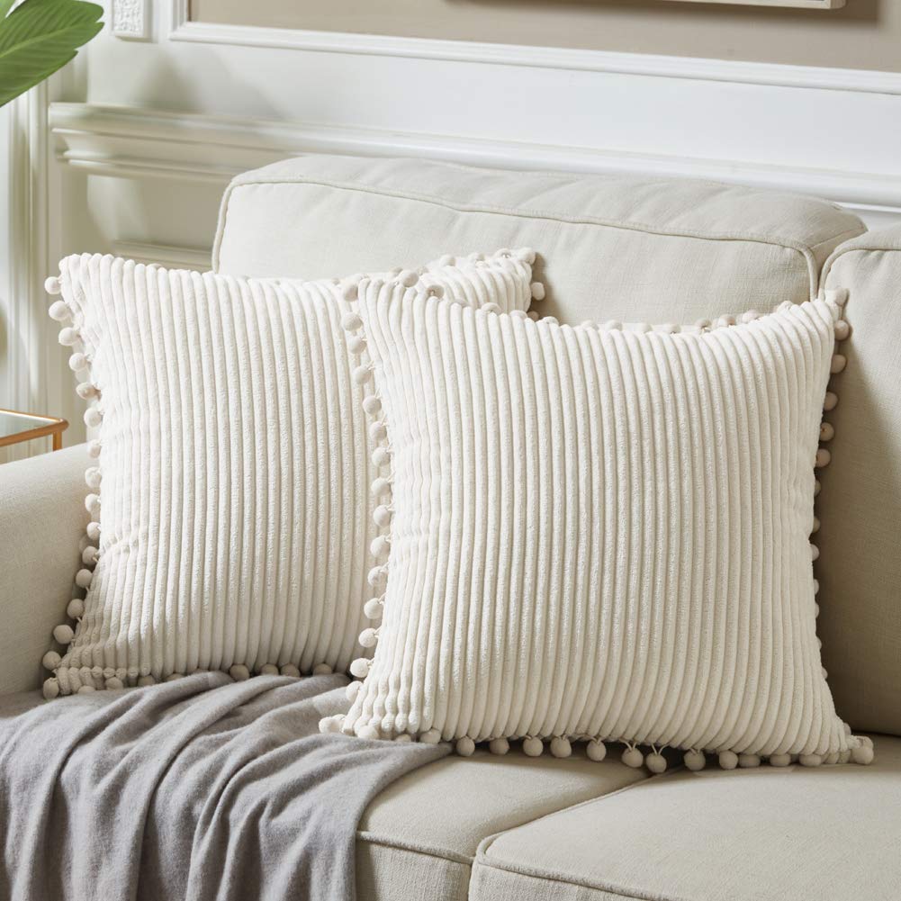Fancy Homi Pack Of 2 Boho Decorative Throw Pillow Covers With Pom-Poms, Soft Corduroy Accent Solid Square Cushion Case Set For C