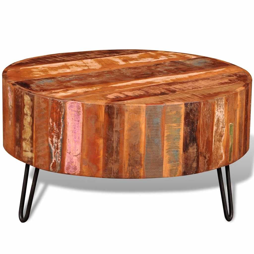 vidaXL Coffee Table, Round Center Table, Solid Reclaimed Wood, Iron Legs, Fully Handmade, Multicolor, Living Room, 27.6 Diamete