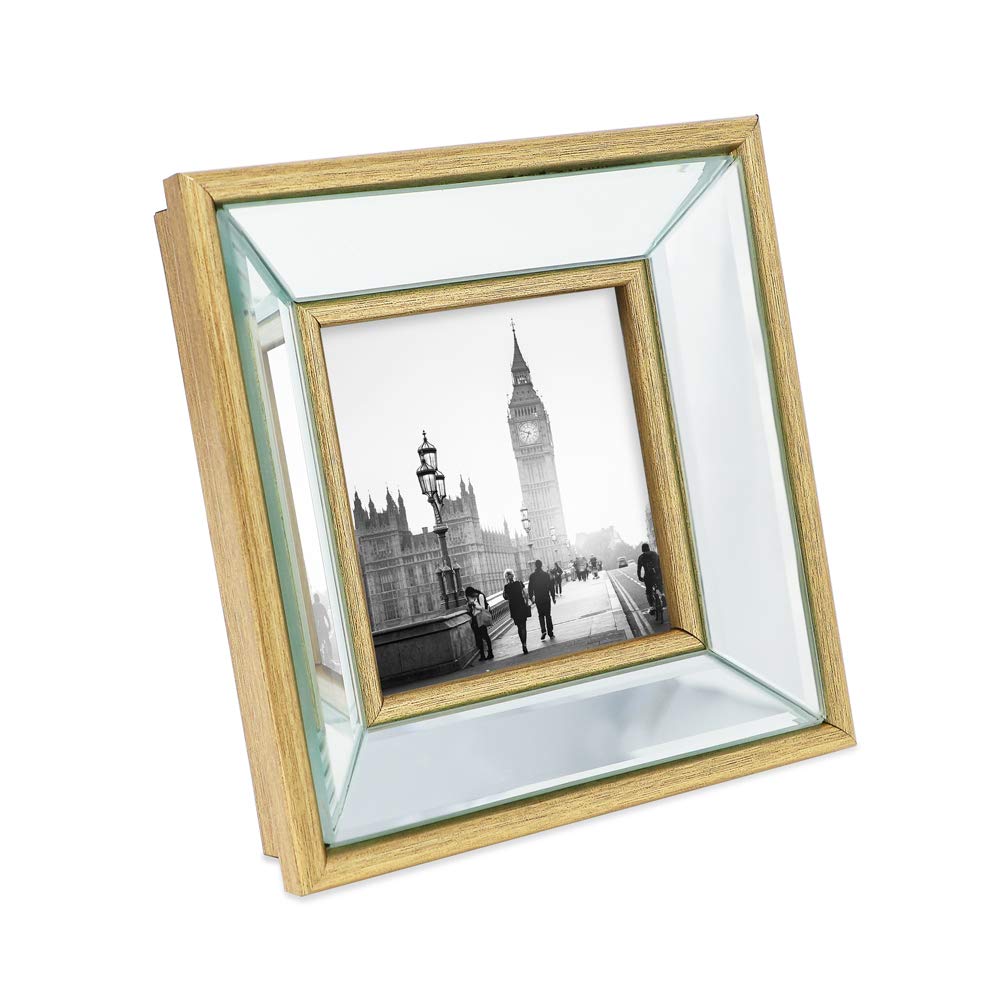 Isaac Jacobs 4x4 Gold Beveled Mirror Picture Frame - Classic Mirrored Frame with Deep Slanted Angle Made for Wall D  cor Display