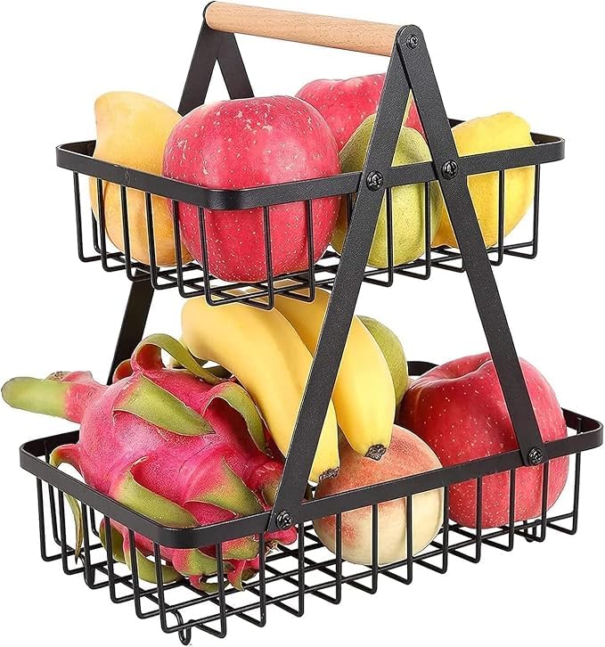 Venja Foldable Steel 2Tier Fruit And Vegetable Basket Rack | Open Wire HeavyDuty Countertop Storage Stand | Compact SpaceSavi