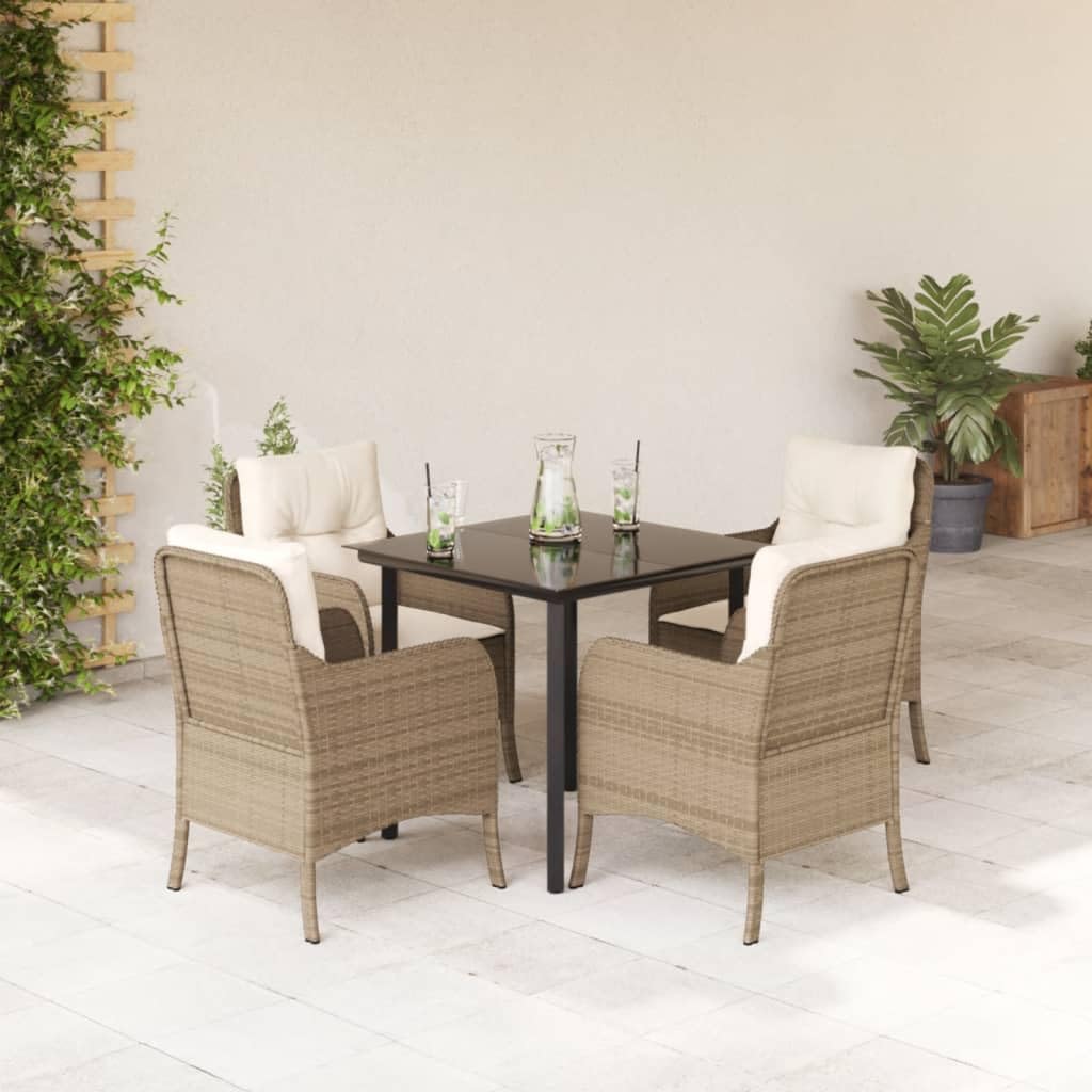 vidaXL 5 Piece Patio Dining Set with Cushions Beige Poly Rattan - Outdoor Furniture for Garden/Backyard/Patio - Tempered Glass Tabletop