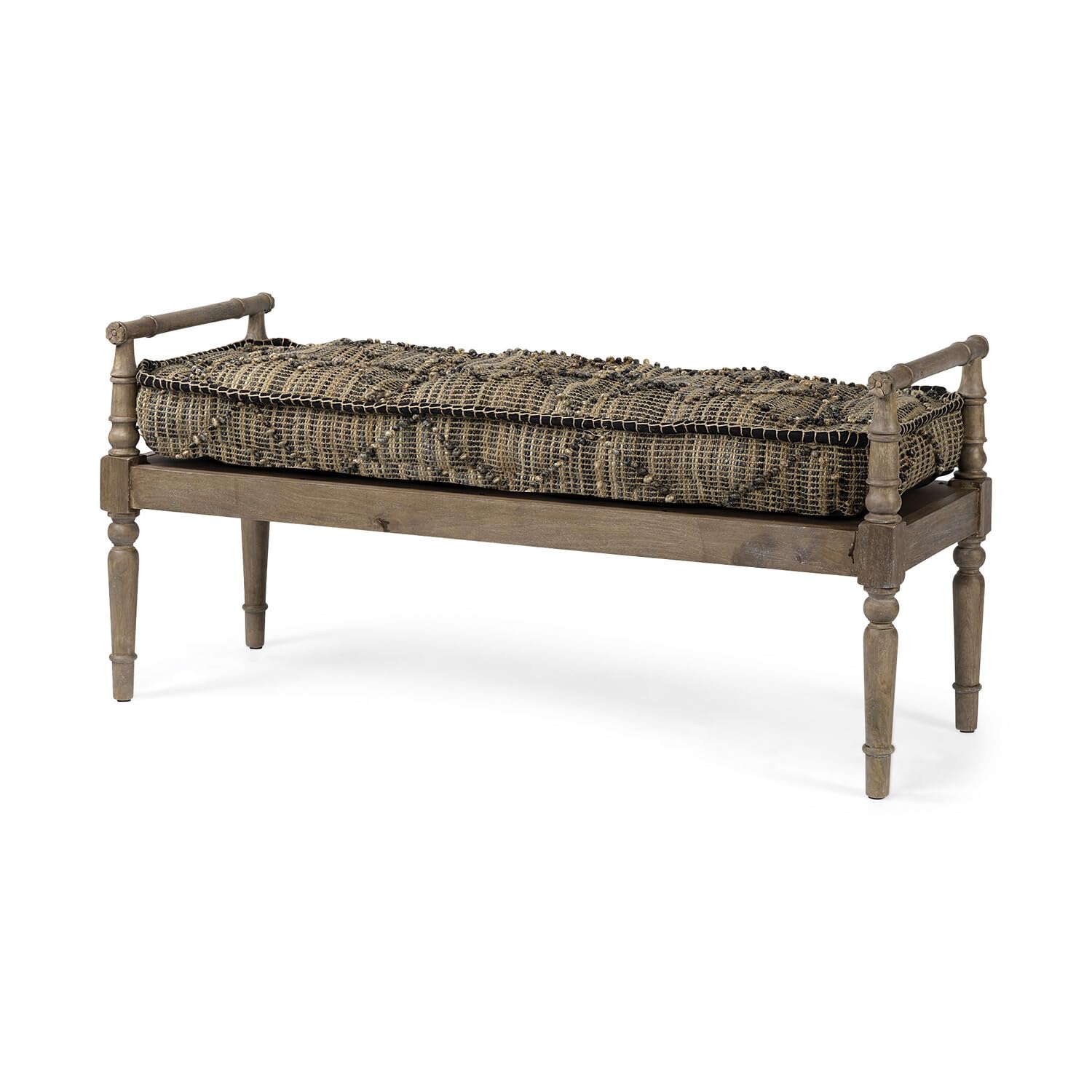 HomeRoots Rectangular Indian Mango Wood/Light Brown and Grey W/Jute Patterned Top Accent Bench