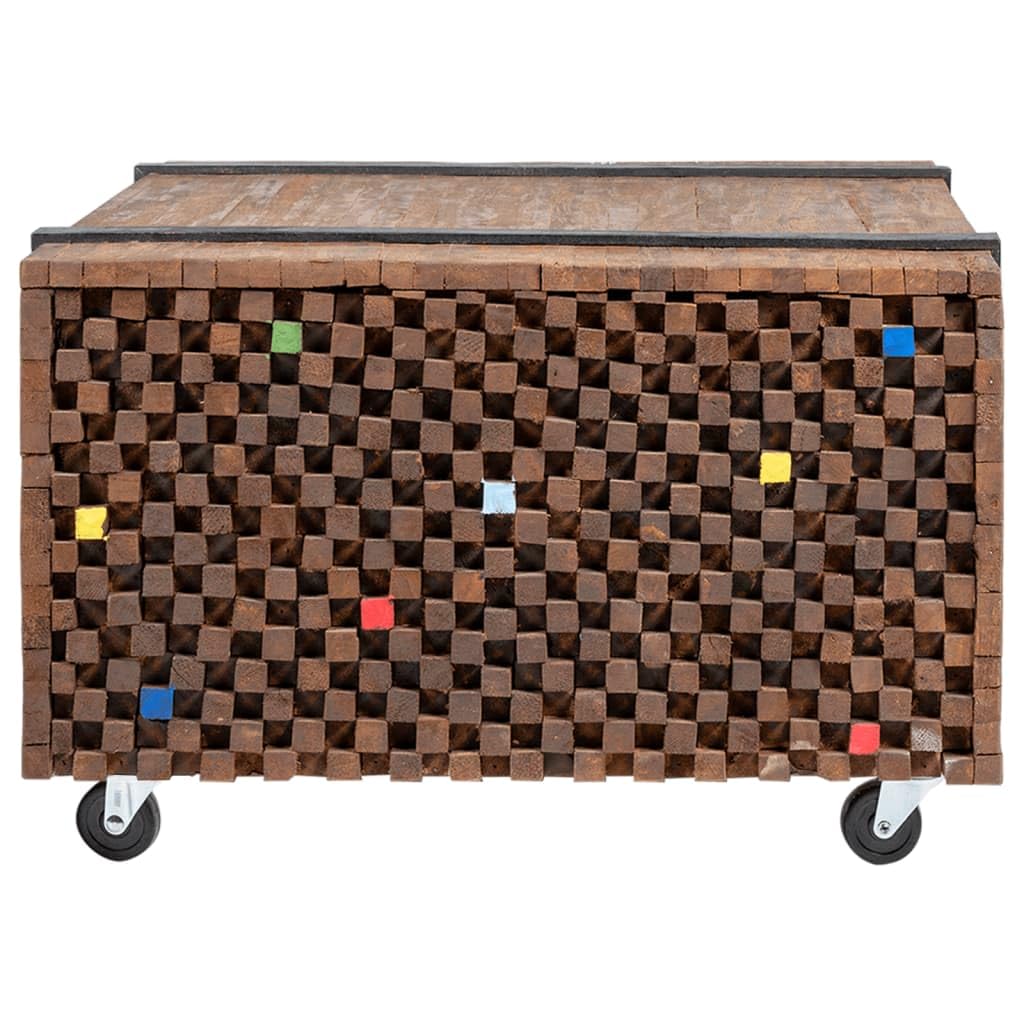 vidaXL Teak Side/End Table (23.6"x23.6"x15") - Industrial Style Console with Black Wooden 'Belts' and Mobile Wheels - Ideal for Placing Decorations