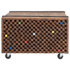 vidaXL Teak Side/End Table (23.6"x23.6"x15") - Industrial Style Console with Black Wooden 'Belts' and Mobile Wheels - Ideal for Placing Decorations