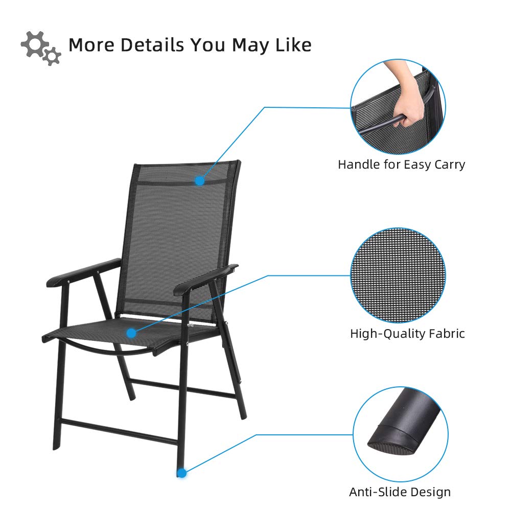Vingli Upgraded Version Single 1 Folding Chairs With Arms, Portable Patio Chairs For Outdoor & Indoor, Sling Back Chairs For Lawn, Pool, Courtyard, Balcony & Garden (Black)
