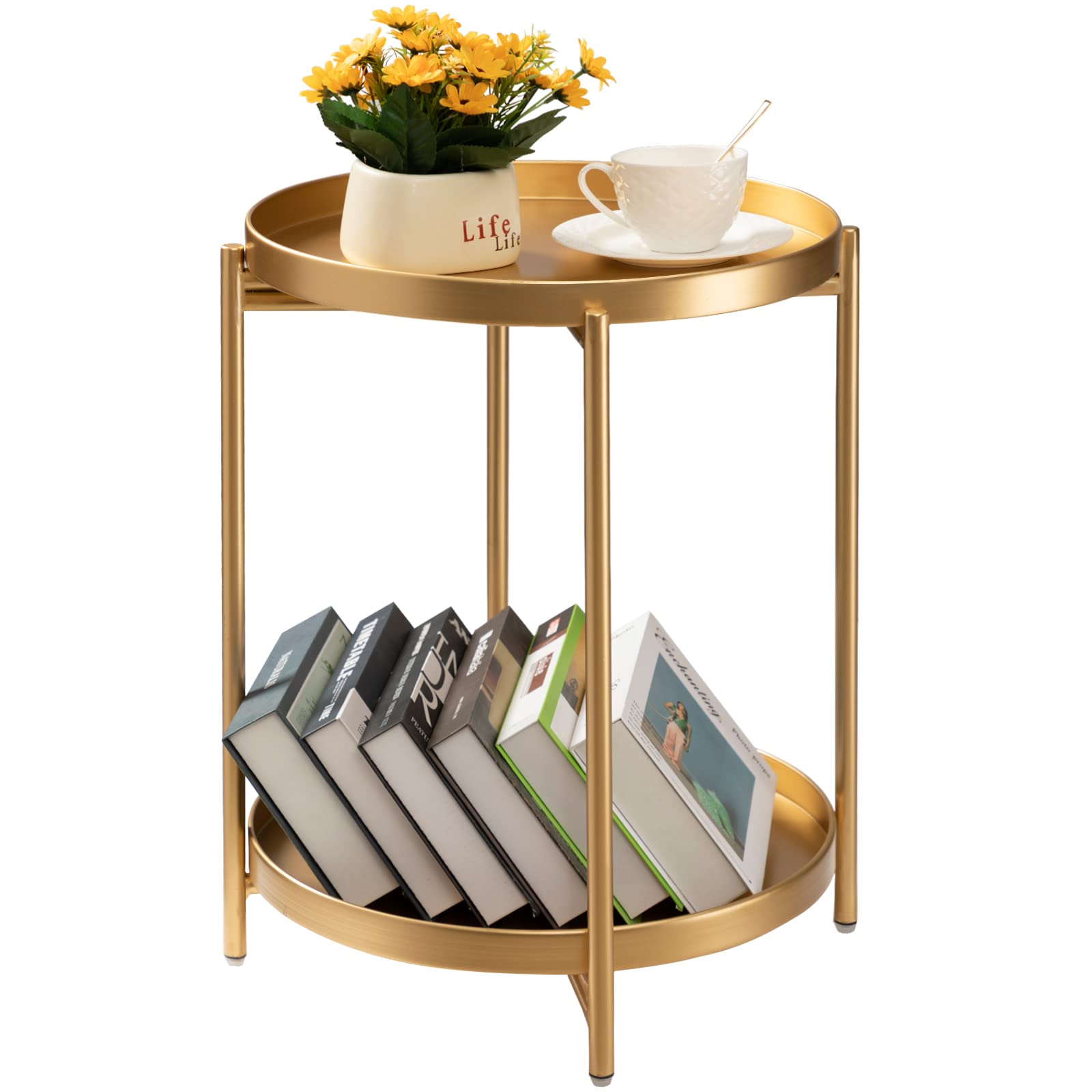 TeoKJ 2 Tier Gold Side Table, Folding Round Metal End Table Small Nightstand with Two Removable Tray for Bedroom Living Room Sma