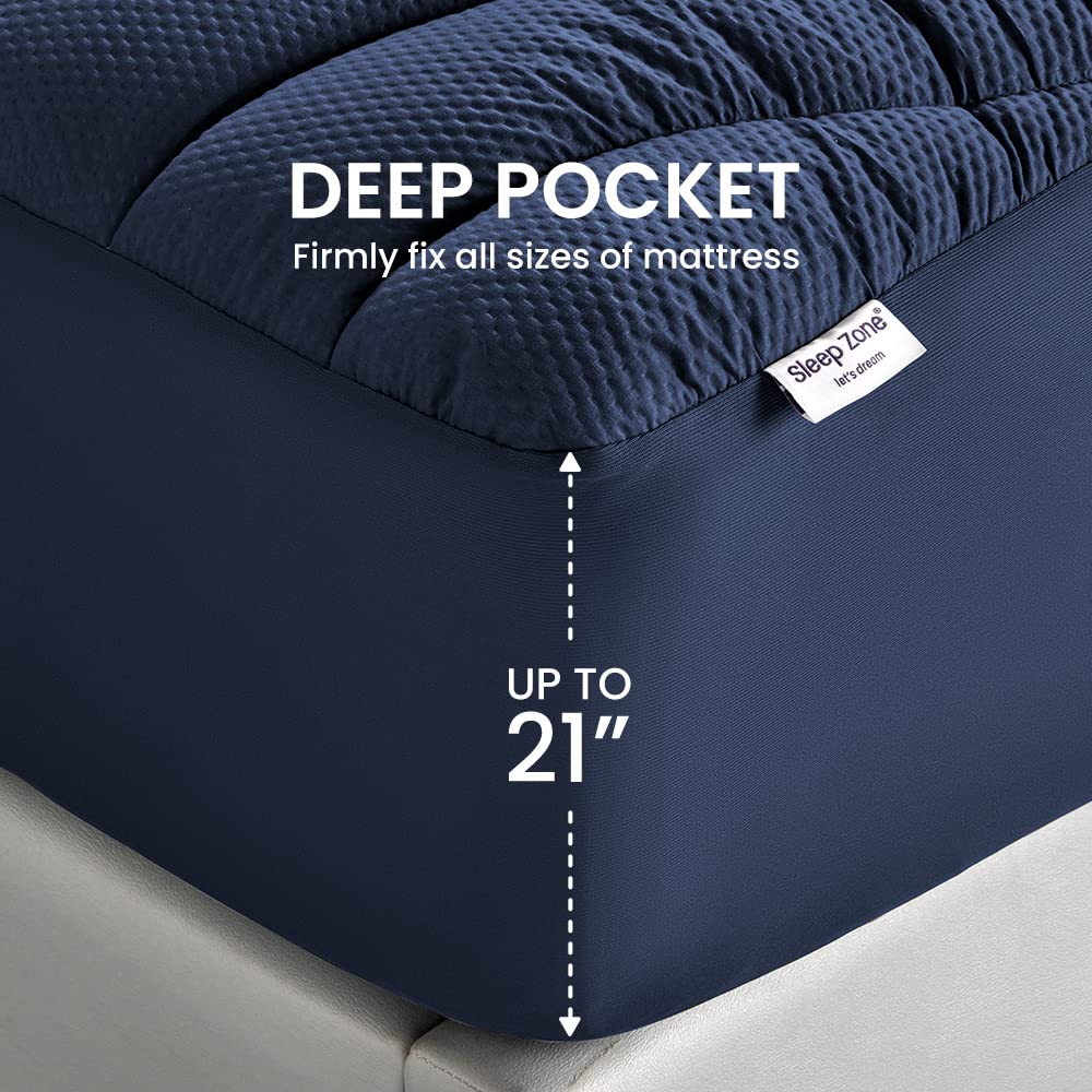 Sleep Zone Cooling Queen Mattress Topper, Premium Zoned Cool Mattress Pad Cover, Padded Mattress Protector Breathable Washable, Deep Pocket 8-21' (Navy, Queen)