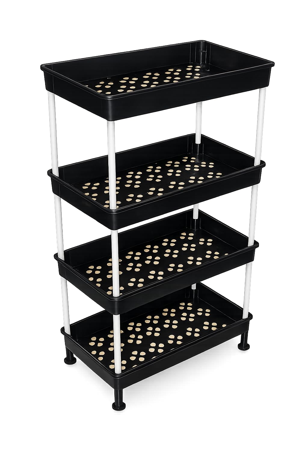 4Tier Plastic Storage Rack, Black, With Drain Holes, 81X43X25 Cm, Multipurpose Organiser Shelf For Kitchen And Bathroom