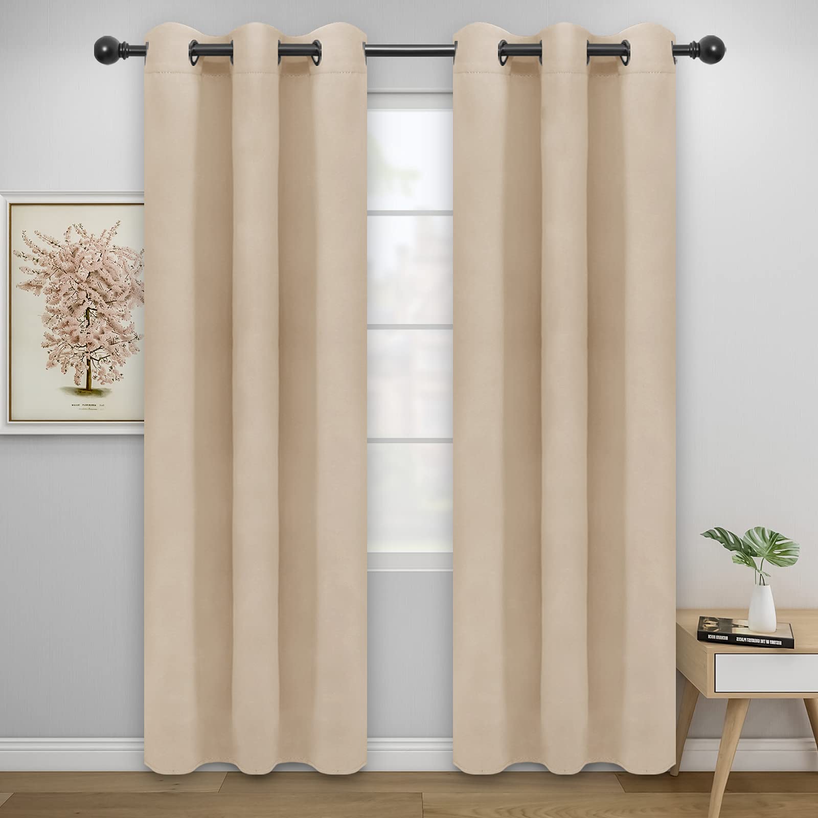Easy-Going Blackout Curtains For Bedroom, Solid Thermal Insulated Grommet And Noise Reduction Window Drapes, Room Darkening Curtains For Living Room, 2 Panels(42X84 In, Beige)