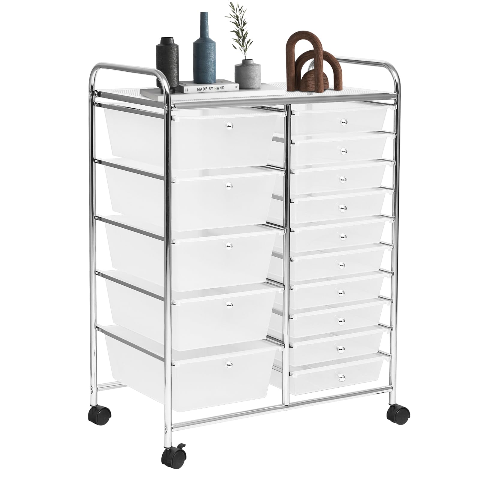 Silkydry 15 Drawers Rolling Storage Cart, Craft Cart Organizer With Lockable Wheels For Tools, Arts, Scrapbook, Papers, Multipurpose Utility Cart For Home Office School (Clear)