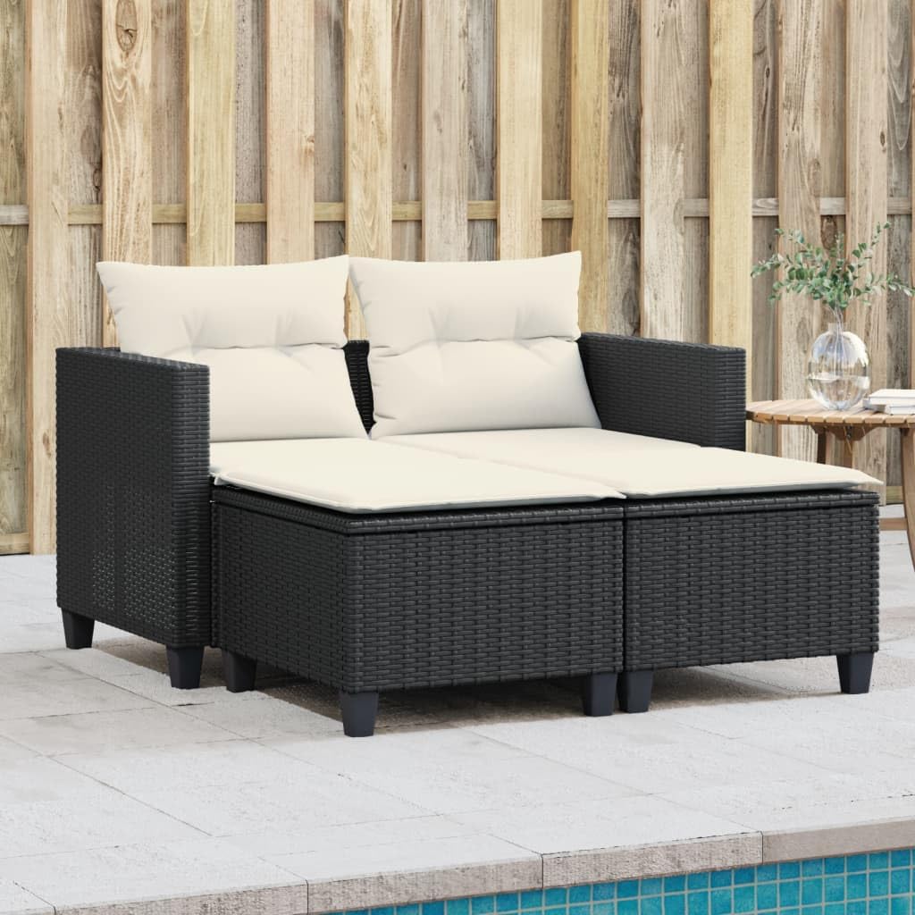 vidaXL Black Poly Rattan Patio Sofa 2-Seater with Stools - Powder-Coated Steel Outdoor Furniture - Cushions with Washable Covers