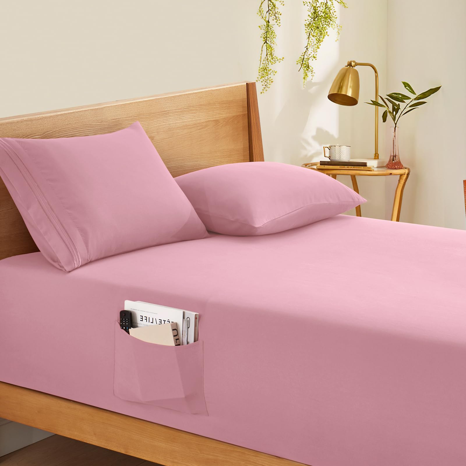 Horbaunal Extra Deep Pocket Queen Fitted Sheet Only - Fits Up To 24 Inch Mattress - Luxury 1800 Thread Count - Microfiber Pink F