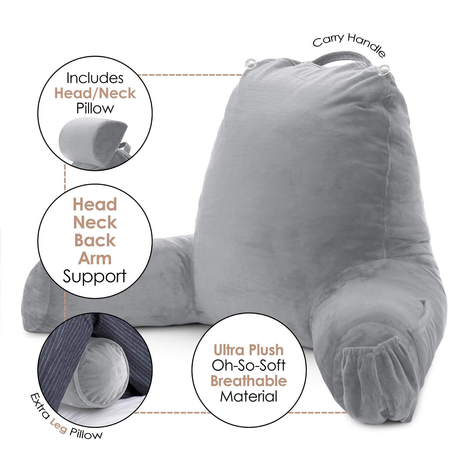 Nestl Reading Pillow Large Bed Pillow, Back Pillow For Sitting In Bed Shredded Memory Foam Chair Pillow, Reading & Bed Rest Pillows Dark Grey Back Pillow For Bed, Bed Chair Arm Pillow With Pockets