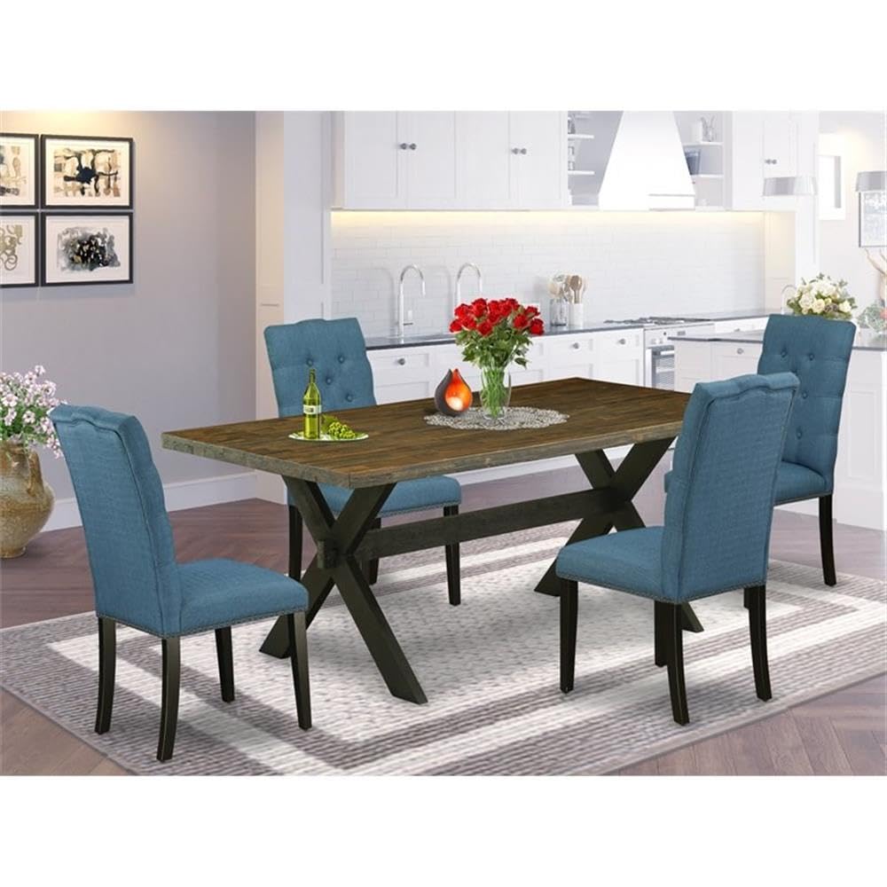 East West Furniture X677El121-5 5 Piece Modern Dining Table Set Includes A Rectangle Wooden Table With X-Legs And 4 Blue Linen Fabric Upholstered Chairs, 40X72 Inch, Multi-Color