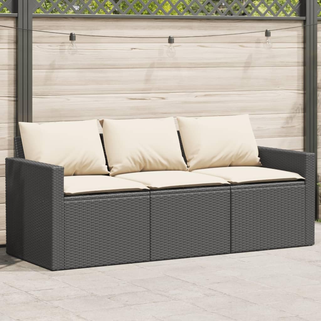 vidaXL Patio Sofa with Cushions 3-Seater Outdoor Seating Black Poly Rattan - Weather Resistant & Removable Covers