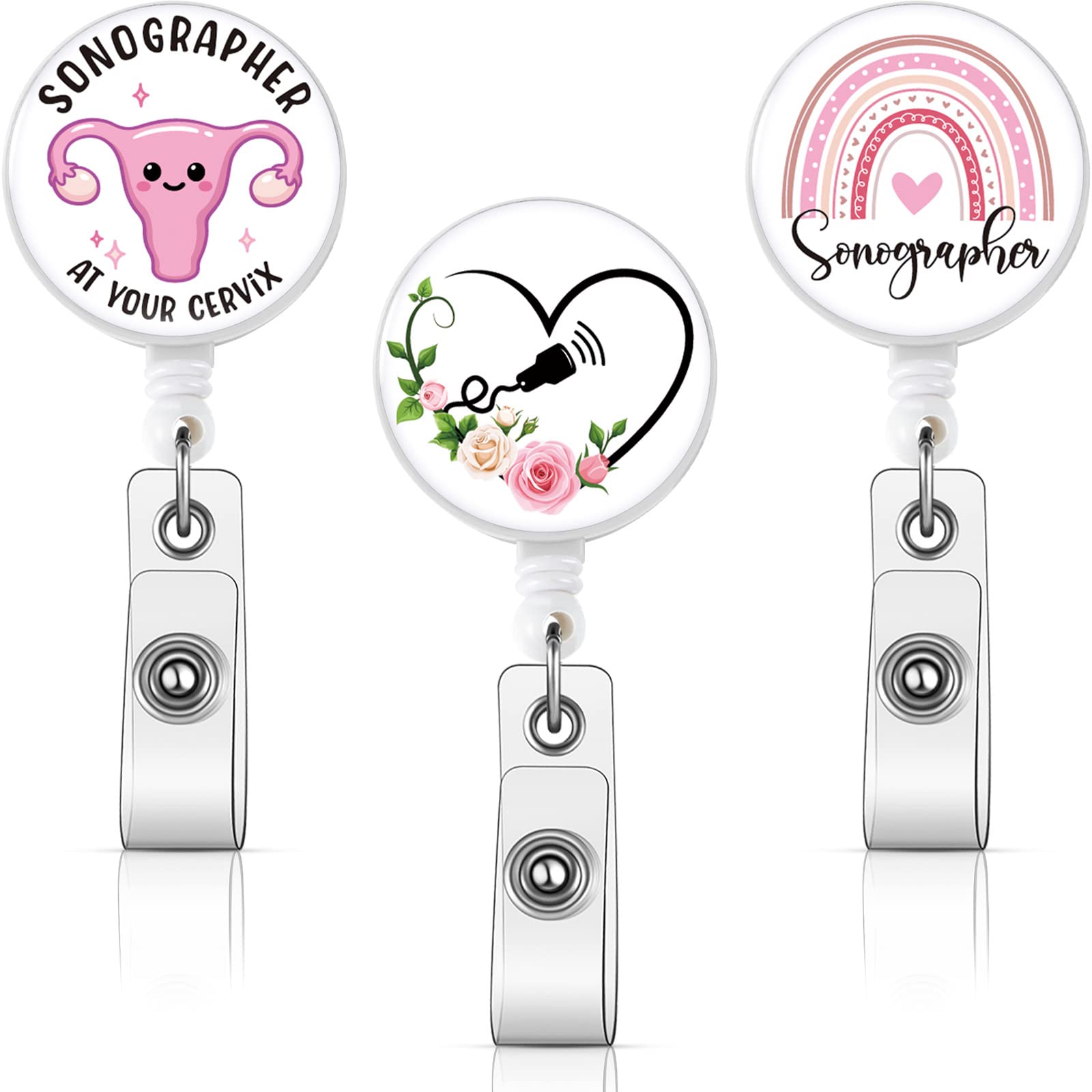 Xunyee 3 Pcs Ultrasound Tech Badge Reel Retractable With Swivel Alligator Clip Rainbow Uterus Sonographer Badge Holder Id Name C