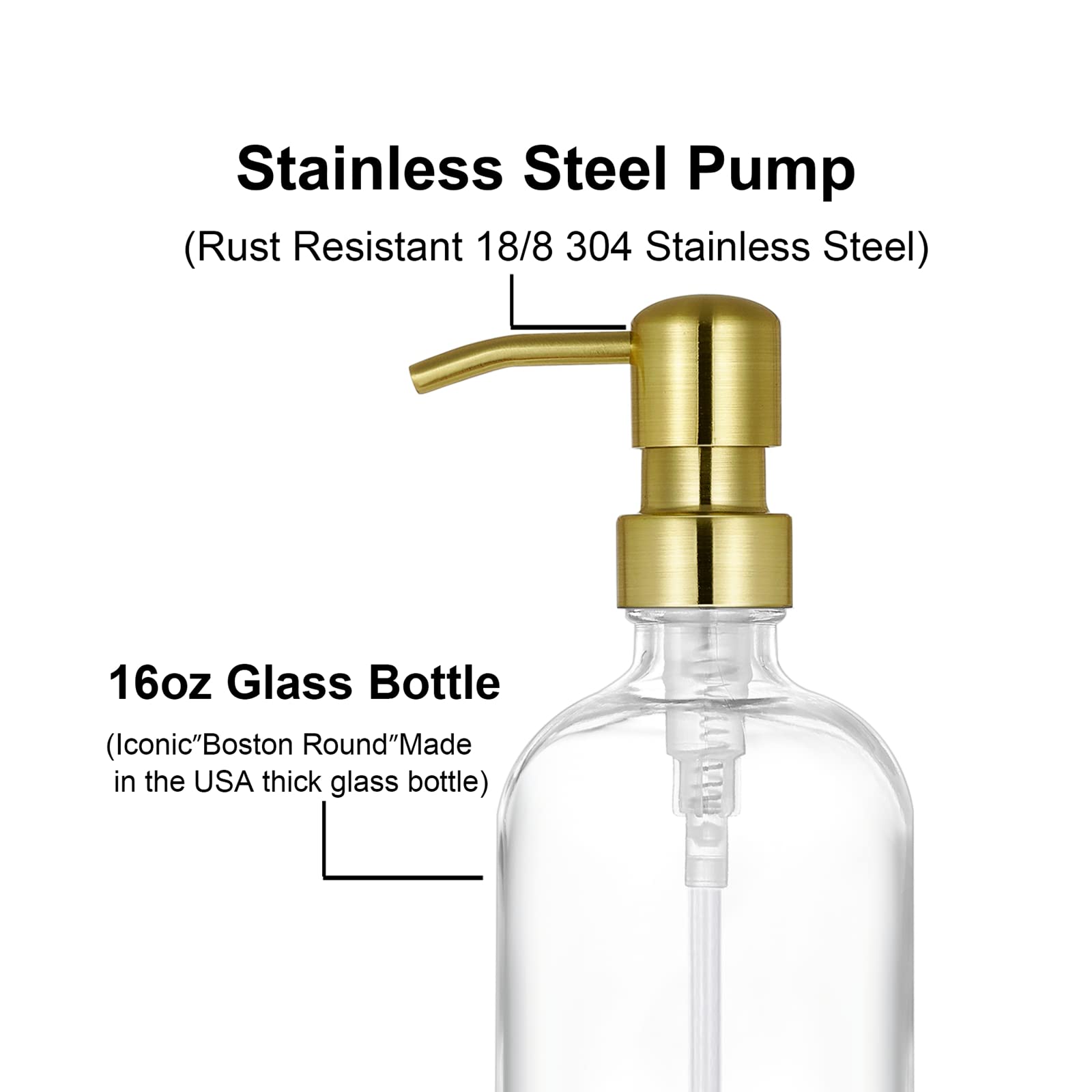 2 Pack Thick Clear Glass Pint Hand Soap Dispenser Bathroom With Gold Stainless Steel Pump, 16Ounce Clear Boston Round Bottles Di