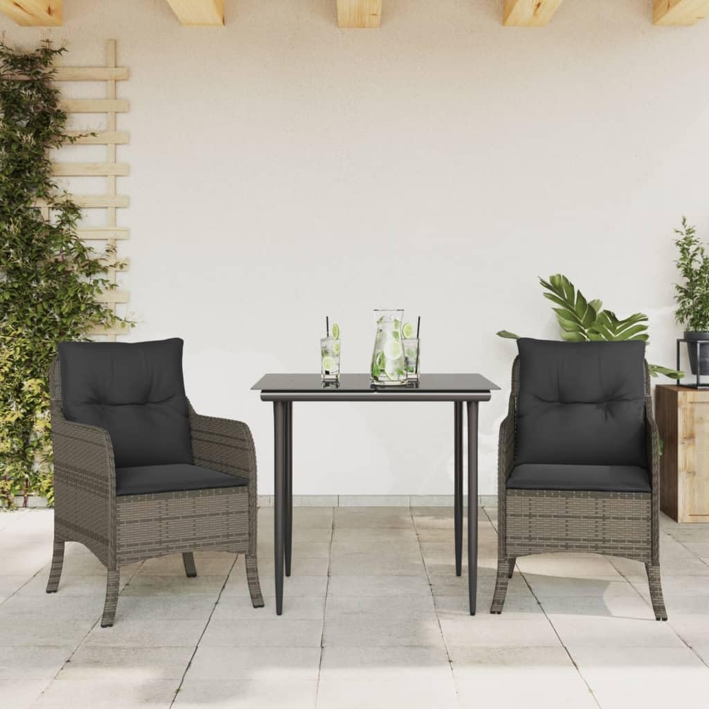 vidaXL 3 Piece Patio Dining Set - Cushions - Gray - Poly Rattan - UV-Resistant - Glass Tabletop - Removable Covers - Garden/Backyard/Patio Furniture