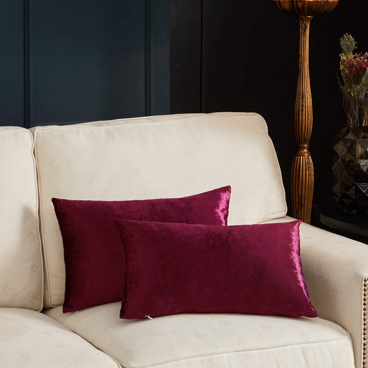 Gigizaza Decorative Small Lumbar Pillow Covers,Set Of 2 Cushion Covers Velvet Red Pillows,Sofa Throw 12 X 20 Pillow Covers
