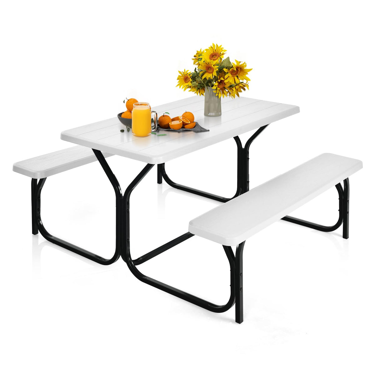 Medimall Picnic Table, Portable Picnic Tables With Benches, Plastics Picnic Table Bench Set With Metal Frame & All Weather Tabletop, Large Camping Picnic Table For Outdoors, Backyard, Garden (White)