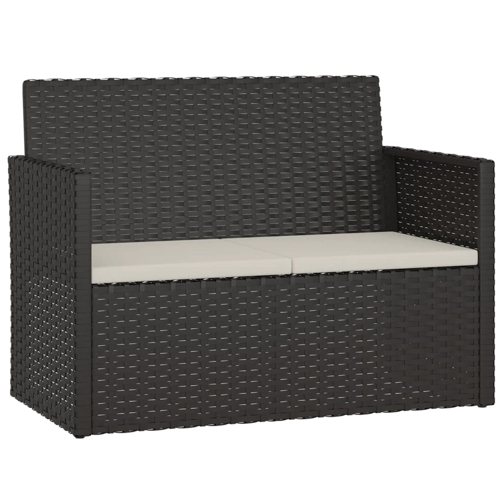 vidaXL Modern Poly Rattan Patio Bench - Cushioned, Weather-Resistant, Sturdy Steel Frame, Easy Assembly - Black with Cream White Cushions, 41.3"