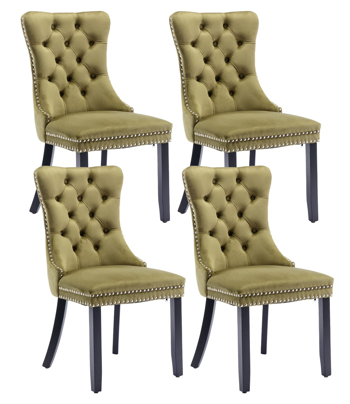 Shenyon Velvet Dining Chairs Set Of 4, Upholstered Dining Room Chairs With Back Ring Pull Trim And Solid Wood Legs,Tufted Wingba