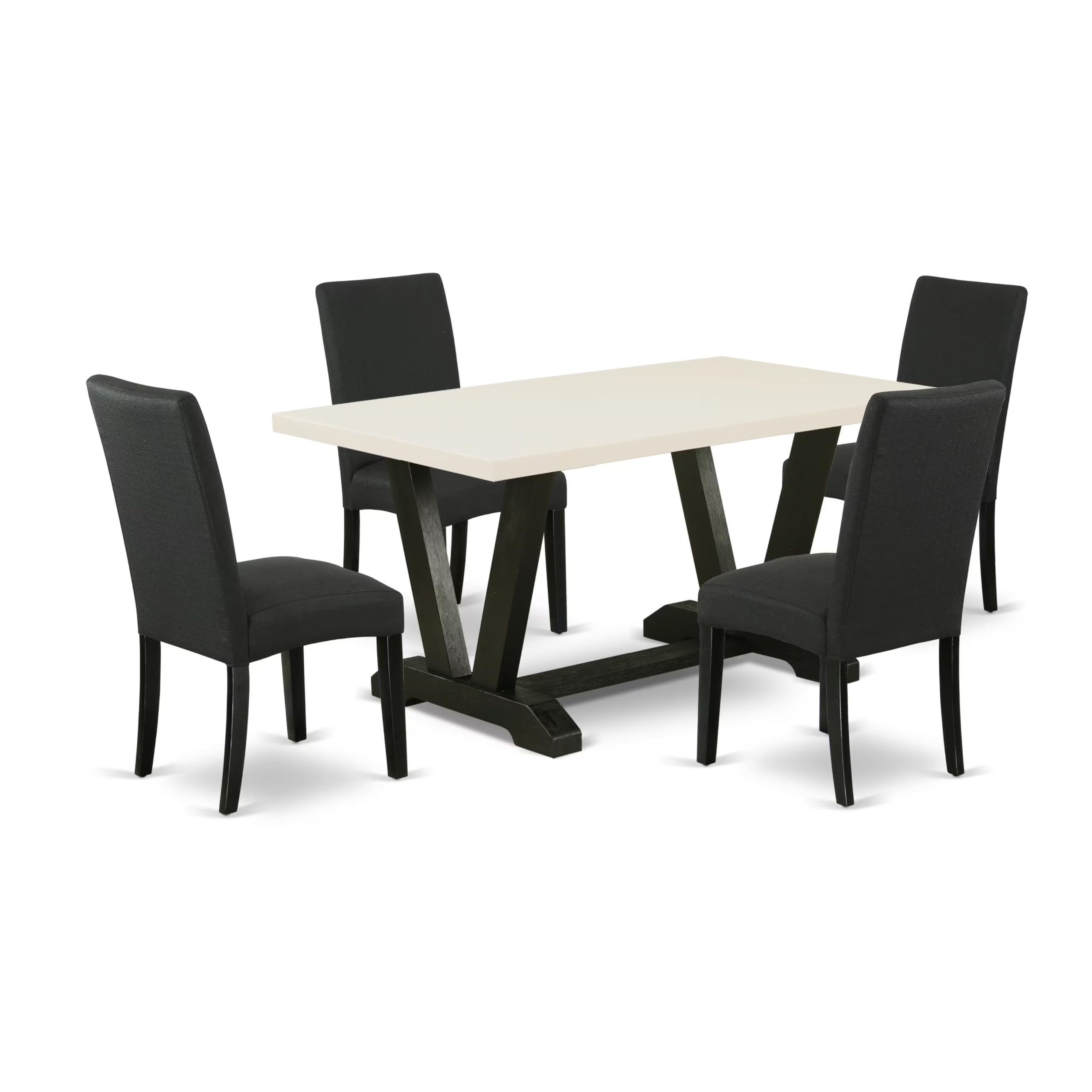 East West Furniture V626Dr124-5 5 Piece Dining Table Set For 4 Includes A Rectangle Kitchen Table With V-Legs And 4 Black Color Linen Fabric Parson Dining Chairs, 36X60 Inch, Multi-Color