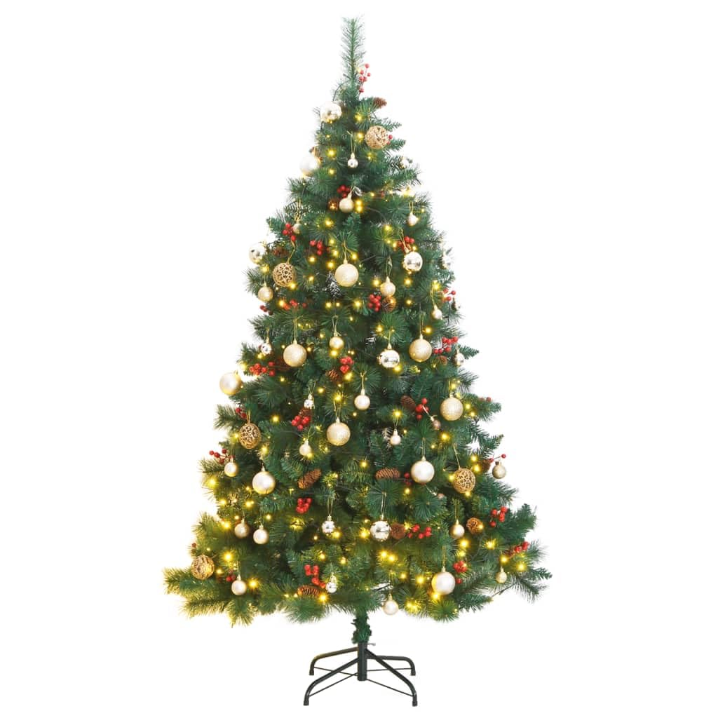 vidaXL Artificial Hinged Christmas Tree in Green with 300 LEDs Lights, Christmas Balls and Berries- 70.9&quot;, Indoor Home Holiday Decoration with Sturdy Stand