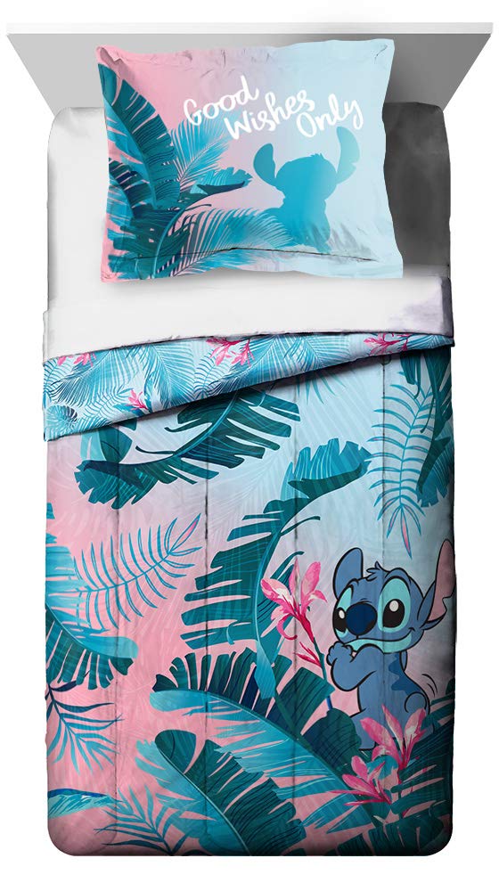 Jay Franco Disney Lilo & Stitch Floral Fun Twin Comforter & Sham Set - Super Soft Kids Reversible Bedding - Fade Resistant Micro