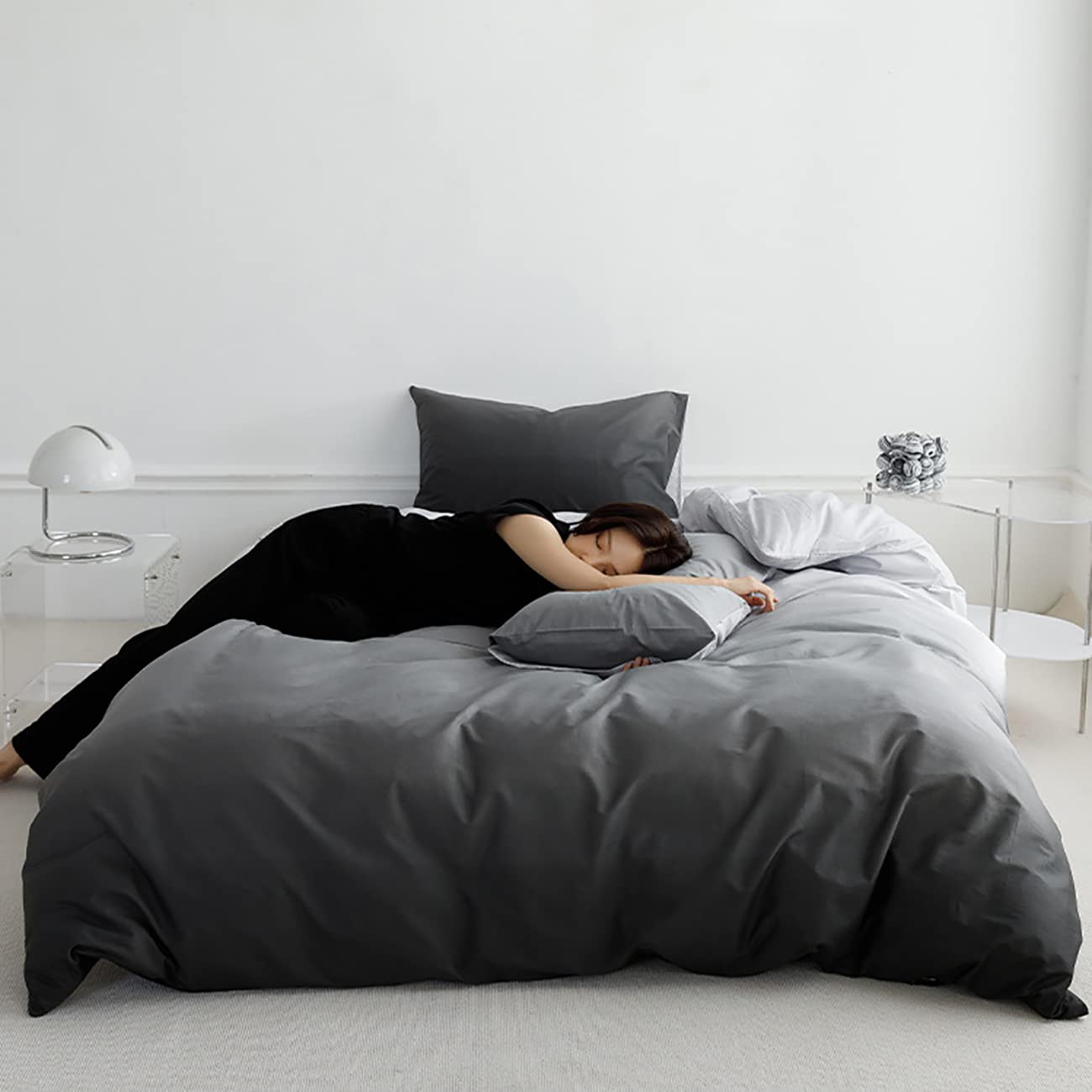 Karever Gradient Gray Comforter Set Ombre White Gray Bedding Set Queen Women Aesthetic Comforter 3 Pcs Gray Color Bed Comforter