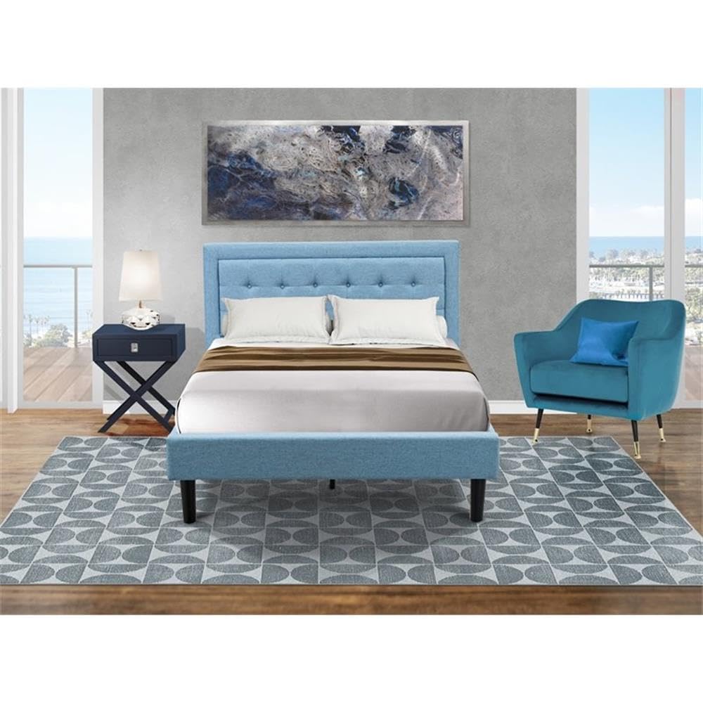 East West Furniture FN11F-1HA15 2-Piece Fannin Full Size Bedroom Set with 1 Wood Bed Frame and a Mid Century Modern Nightstand - Reliable and Durable Manufacturing - Denim Blue Linen Fabric