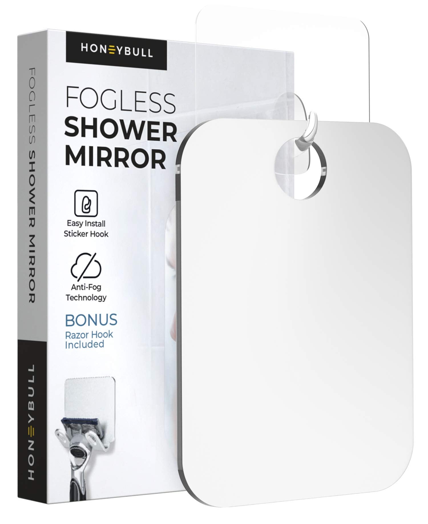 HONEYBULL Small 4x6in Wall Mount Home Mirror - Fogless Shower Shaving, Anti Fog, Razor Holder, Bathroom Accessories, Plastic, Wh