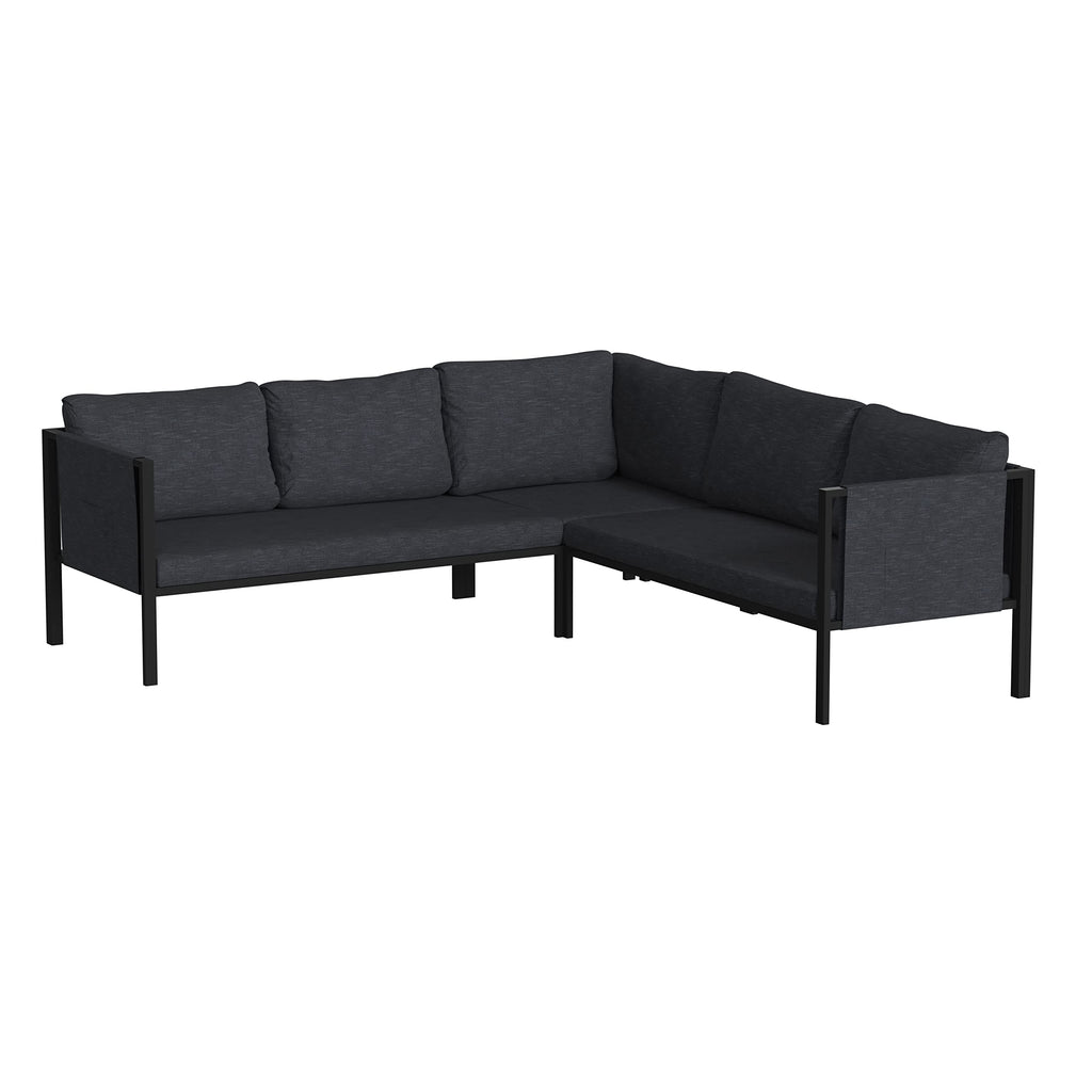Flash Furniture Lea Indoor/Outdoor Sectional with Cushions - Modern Steel Framed Chair with Dual Storage Pockets, Black with Charcoal Cushions