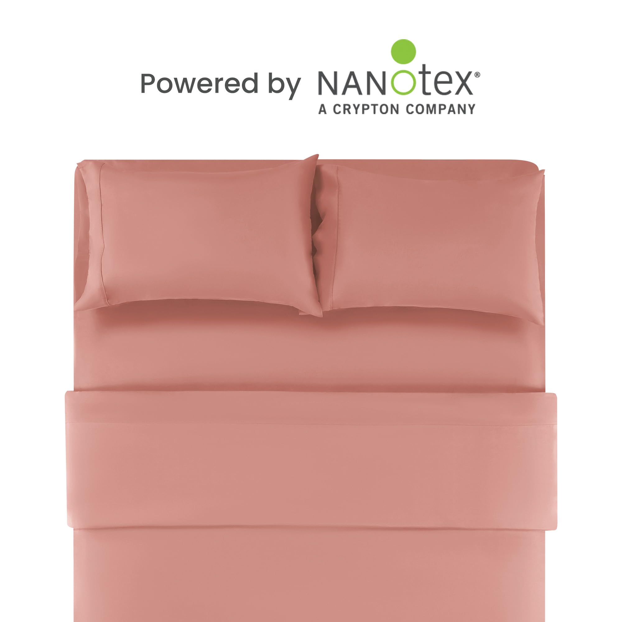 Sleep Zone Nanotex Super Soft Cooling King Bed Sheets Set 4 Piece - Easy Care Fitted Flat Sheet & Pillowcase Sets - Wrinkle Free, Fade Resistant, Deep Pocket 16' (Dull Pink, King)