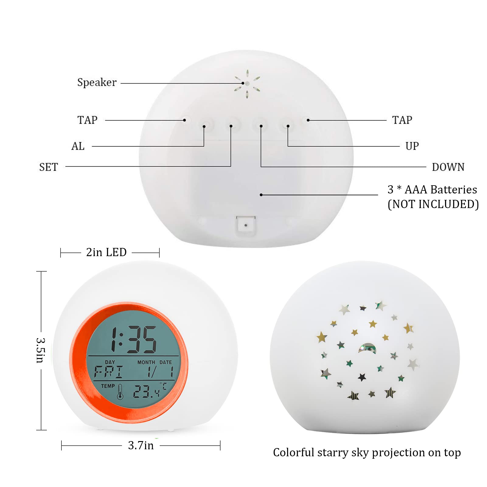 Kids Alarm Clock,Moon Stars Projector 7 Color Night Light, Children Sleep Trainer Alarm Clock, Kids Wake Up Light Alarm Clock Ai