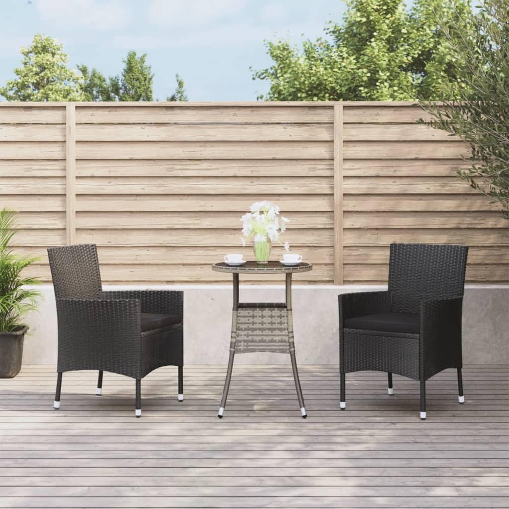 vidaXL 3-Piece Patio Bistro Set - Black Poly Rattan with Cushions, Powder-Coated Steel Frame, Suitable for Outdoor, Garden, Deck
