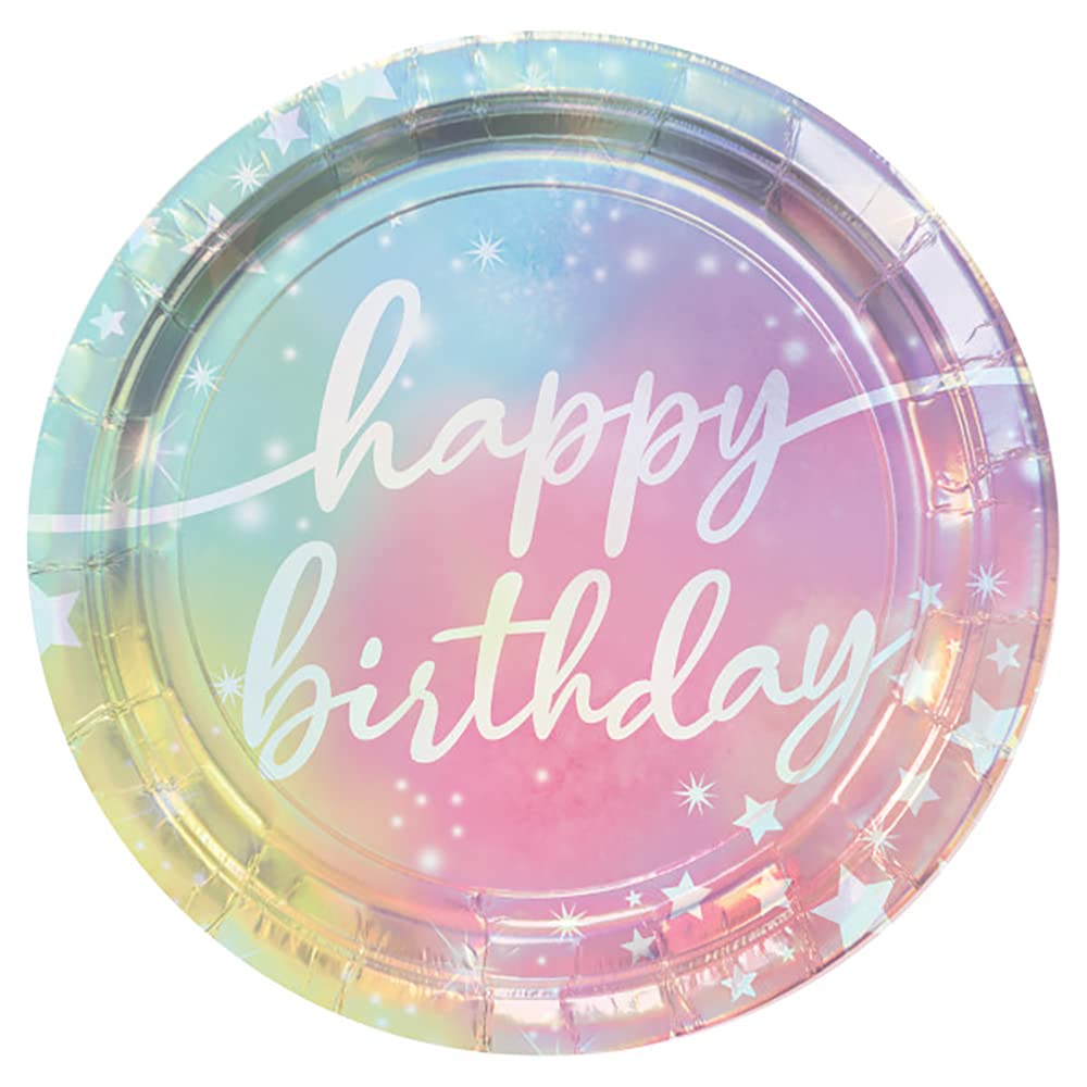 Luminous ''Happy Birthday'' Iridescent Round Plates, 9'' (8 Count) - Dazzling & Premium Party Tableware, Perfect for Birthday Ce