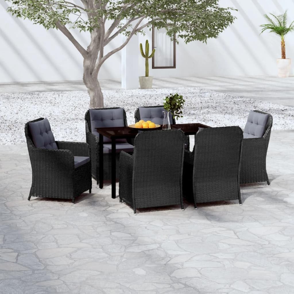 vidaXL 7-Piece Patio Dining Set - Black Steel Frame with Glass Top Table, PE Rattan Chairs, Dark Gray Cushions - Ideal for Outdoor, Patio, Garden, Deck