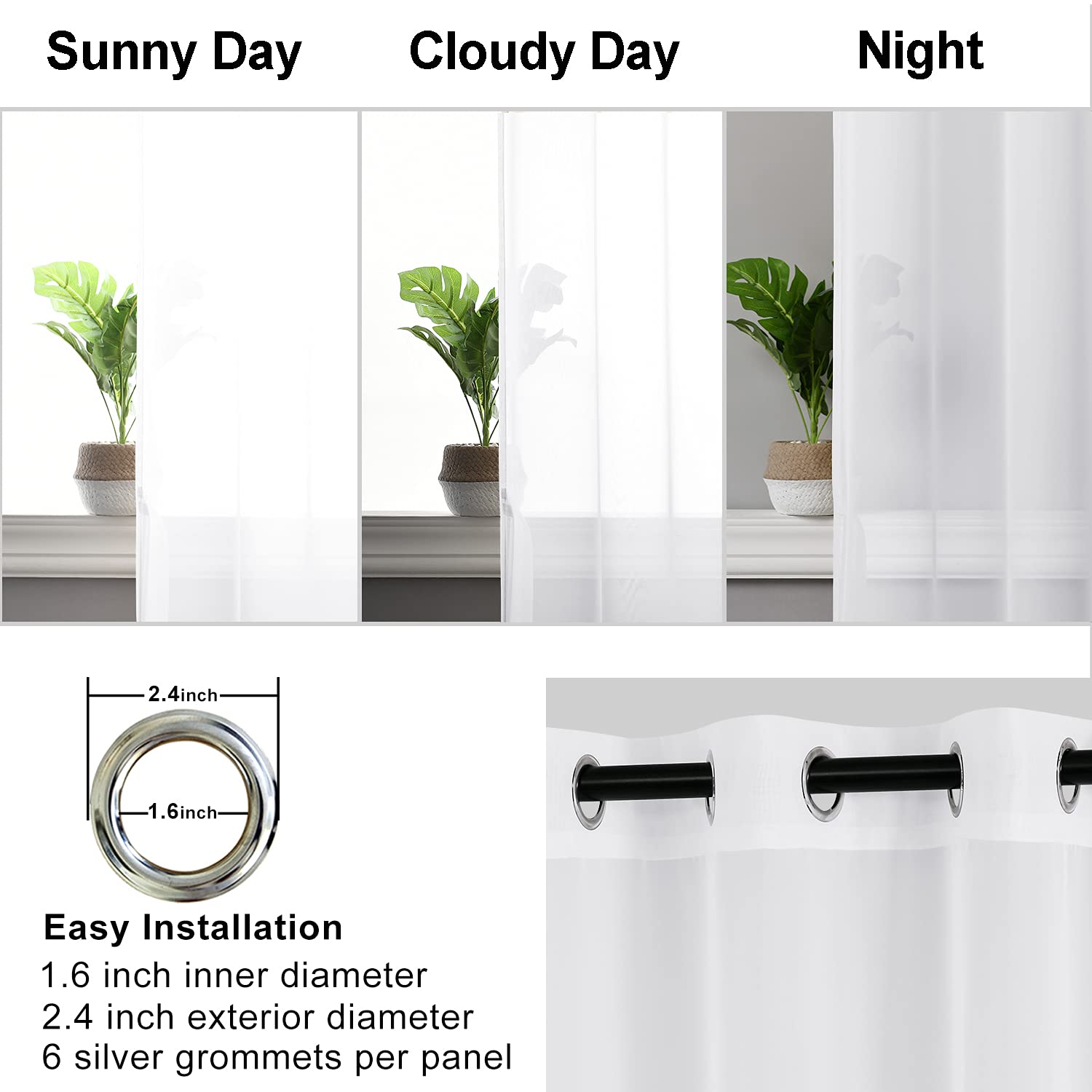 Hiasan Off White Sheer Curtains With Tiebacks, Light Filtering Voile Textured Drape Lightweight Grommet Window Curtains For Bedroom, Living Room And Office, W42 X L90, Set Of 2 Soft Panels