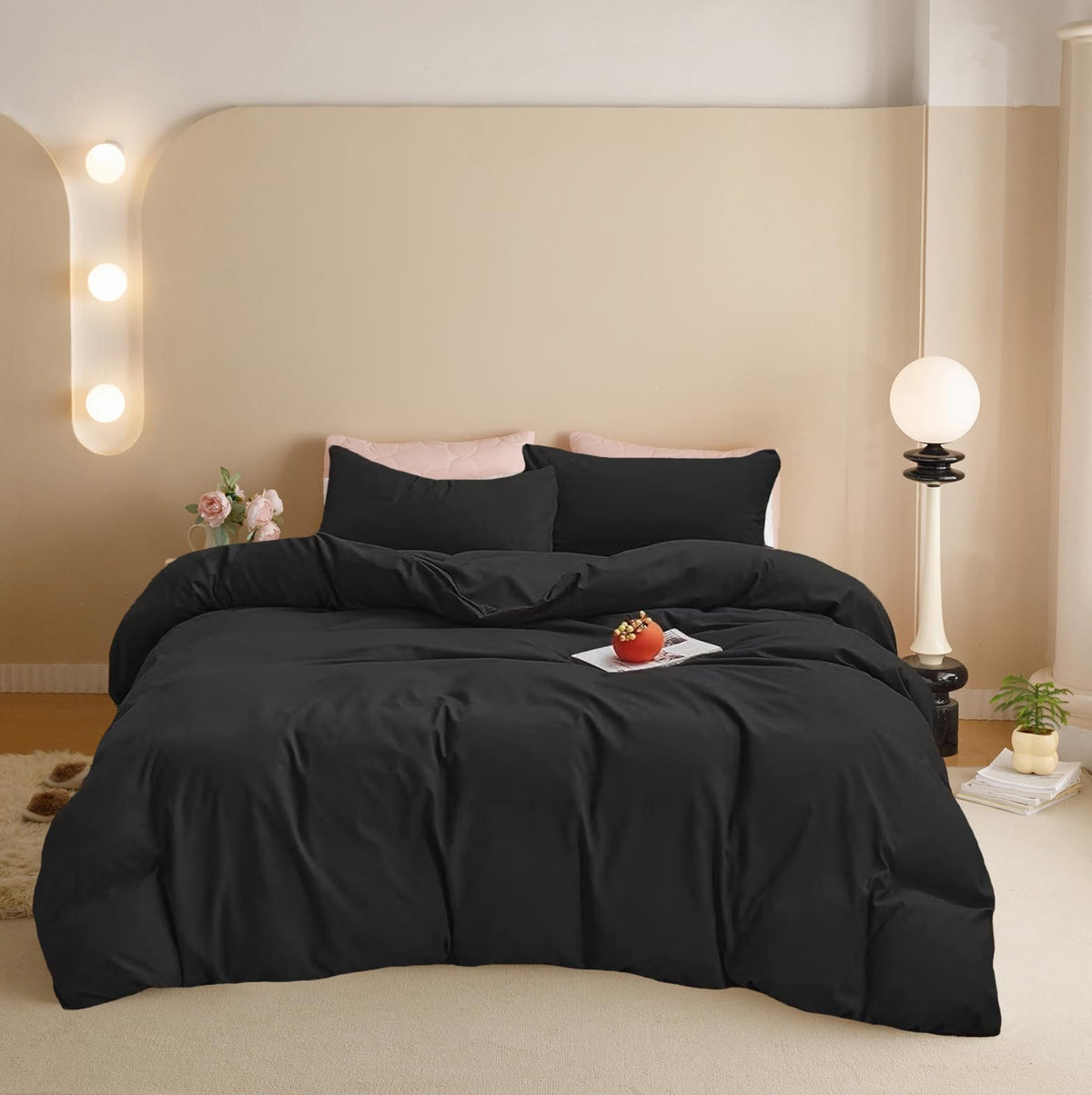 Houseri Black Comforter Set Queen Solid Black Bedding Comforters Queen Size Men Women All Season Soft Comfy Plain Black Comforte