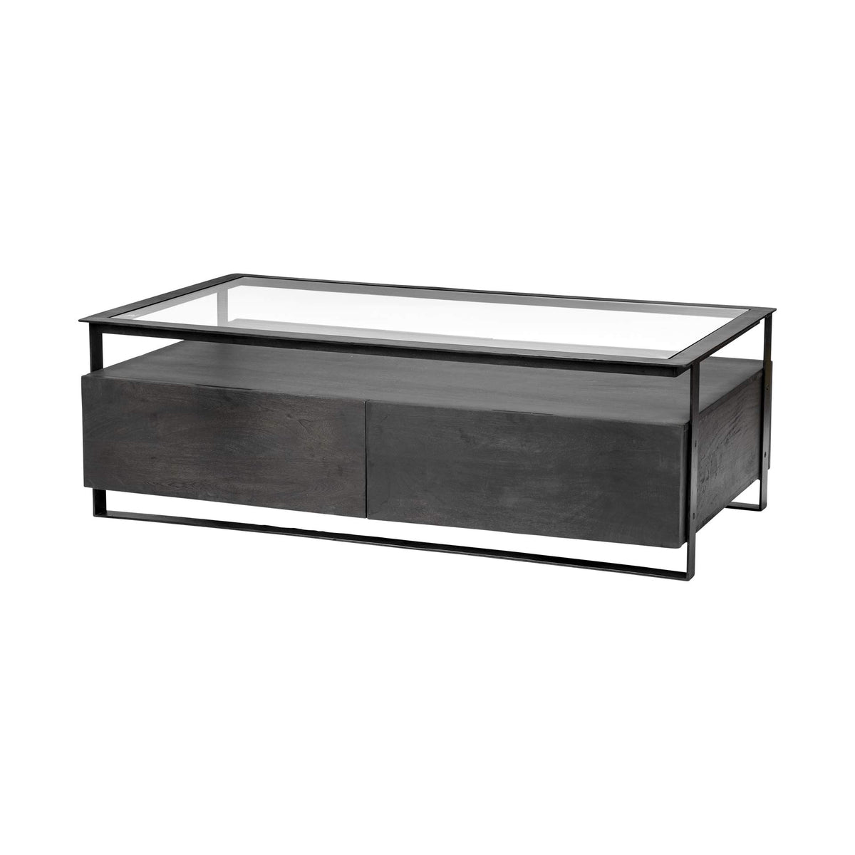 HomeRoots Gray Rectangular Glass Top Solid Black Wood Base Coffee Table w/ 2 Drawers