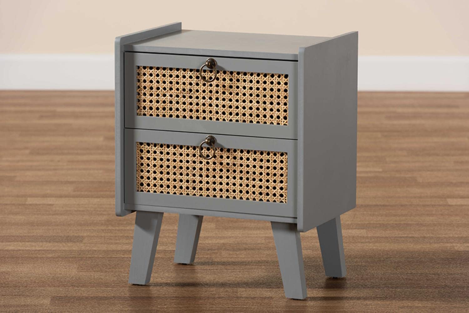 Baxton Studio Waller Mid-Century Modern Natural Rattan and Grey Finished Wood 2-Drawer Nightstand