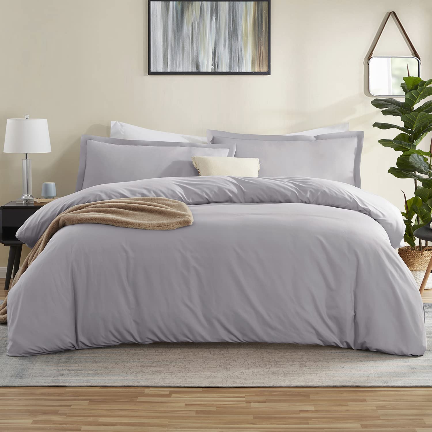 Nestl Grey Lavender Duvet Cover Full Size - Soft Double Brushed Full Size Duvet Cover Set, 3 Piece, With Button Closure, 1 Duvet