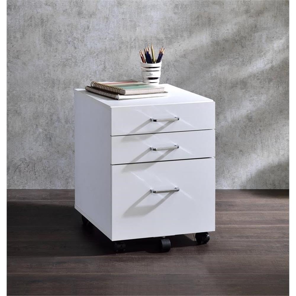Acme Tennos Wooden 3-Drawer Cabinet with Casters in White and Chrome