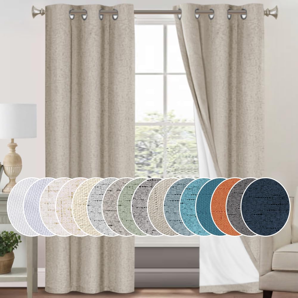 PrinceDeco 100% Blackout Curtains for Bedroom 84 Inches Long Linen Blackout Curtains Grommet Thermal Insulated with White Liner 